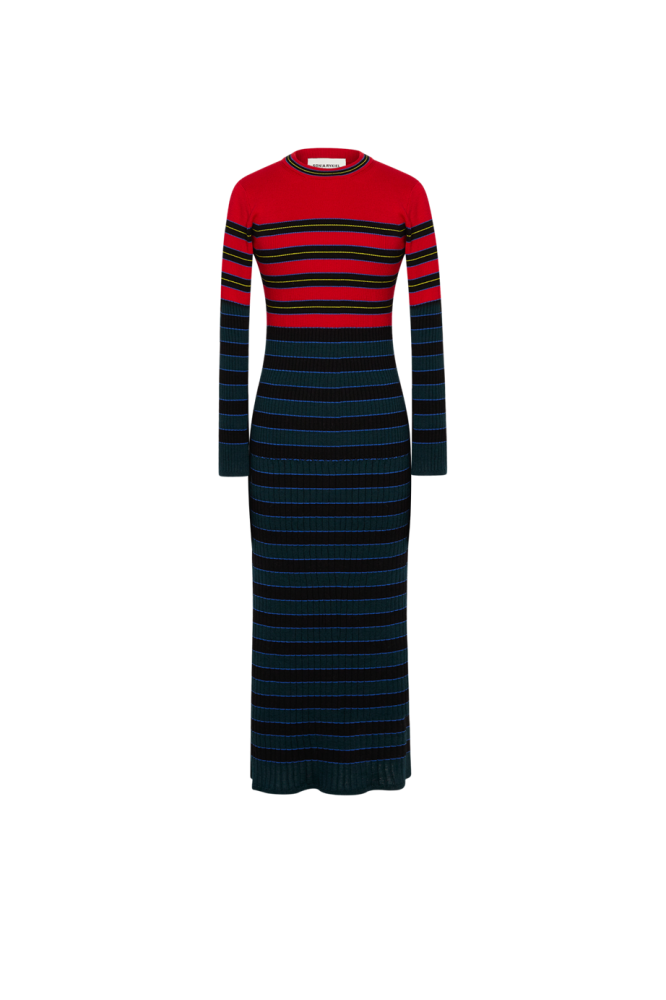 STRIPED KNITTED DRESS WITH STAND-UP COLLAR