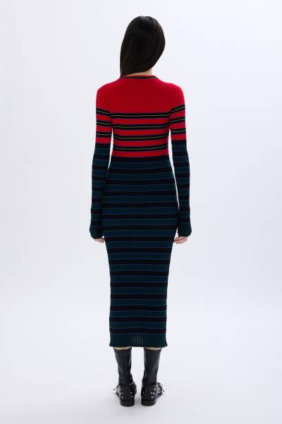 STRIPED KNITTED DRESS WITH STAND-UP COLLAR