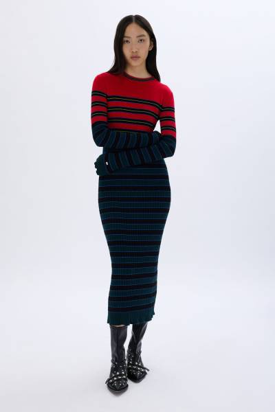 STRIPED KNITTED DRESS WITH STAND-UP COLLAR
