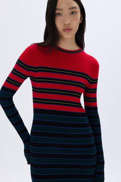 STRIPED KNITTED DRESS WITH STAND-UP COLLAR