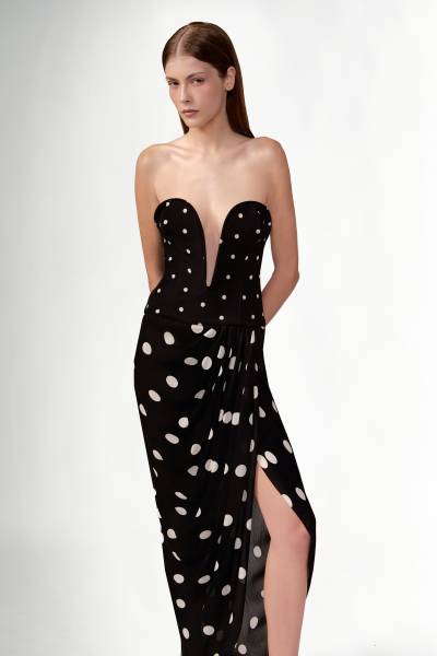 POLKA DOTS V-NECK STRAPLESS DRESS