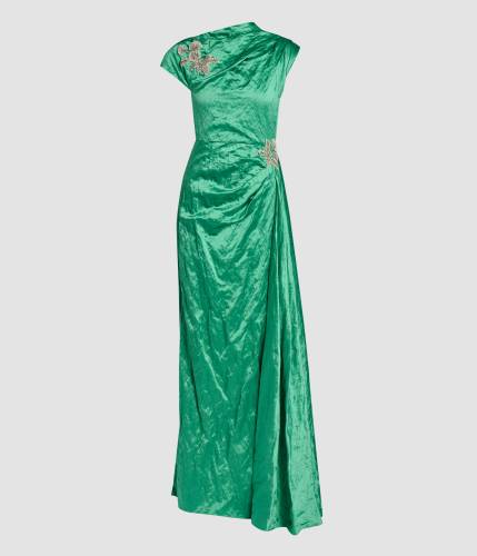 EMBELLISHED TEXTURED SATIN DRAPED GOWN