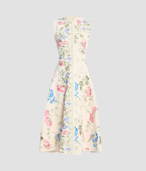 EMBROIDERED COTTON TWILL HOURGLASS MIDI DRESS
