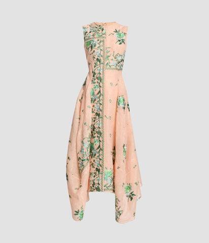 EMBROIDERED ORGANZA DRAPED MIDI DRESS