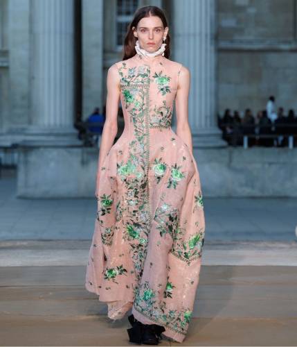 EMBROIDERED ORGANZA DRAPED MIDI DRESS