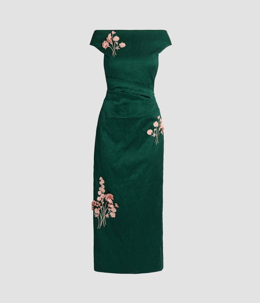 EMBROIDERED TEXTURED SATIN MIDI PENCIL DRESS