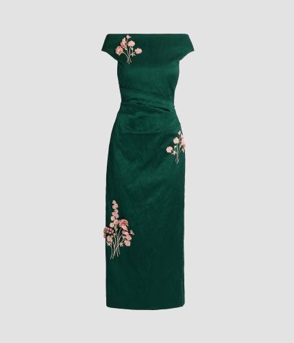EMBROIDERED TEXTURED SATIN MIDI PENCIL DRESS