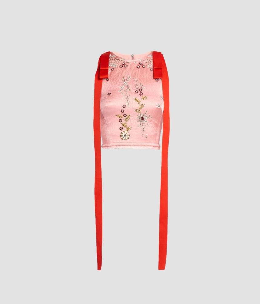 Embroidered Textured Satin Sleeveless Top
